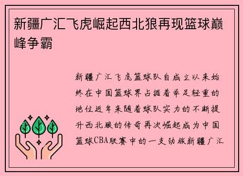 新疆广汇飞虎崛起西北狼再现篮球巅峰争霸